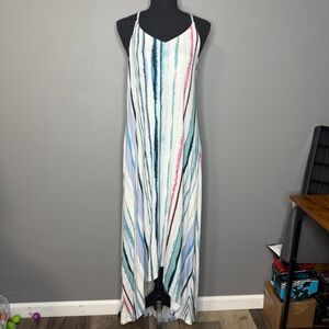 Nicole Miller White Maxi Dress with Teal, Black, Pink & Blue Stripes